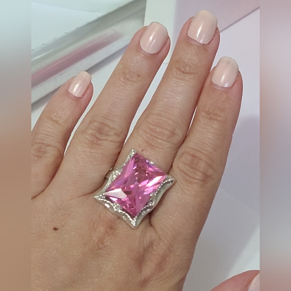 Vintage Boho Mexico Sterling Silver Radiant Square Pink Crystal Cocktail Ring